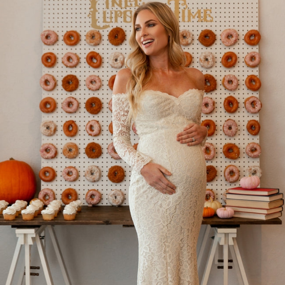 PinkBlush Beige Lace OffShoulder Long Sleeve Maternity Photoshoot or Bridal Gown - Picture 1 of 10